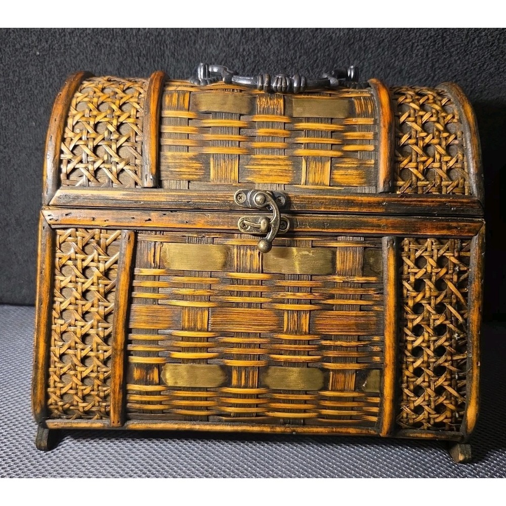 vintage woven rattan, wicker, and bamboo tabletop treasure chest or trinket box